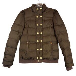 Juicy Couture  Womens Med Jacket Brown Puffer Gold Buttons Zip Pockets 13588
